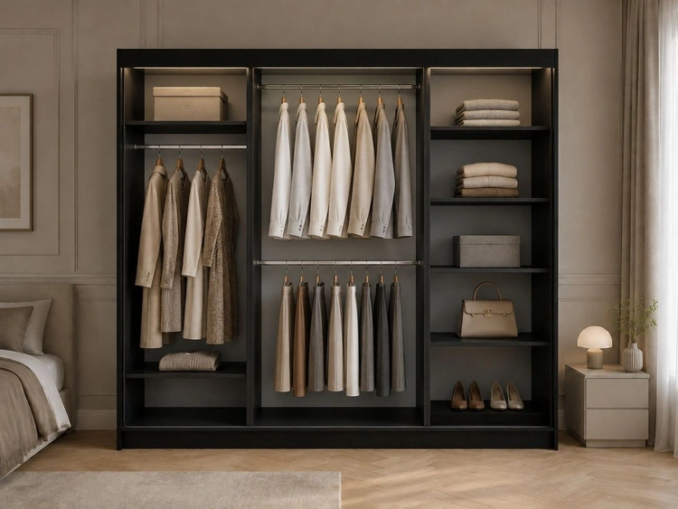 Schiebetürenschrank mit Sprossen 250 cm mit LED-Beleuchtung Ponti Schwarz, Weiß