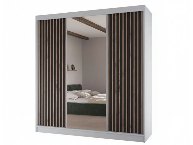 Schiebetürenschrank mit Lamellen und Spiegel 200 cm Lucena Weiß, Schwarz