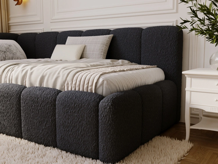 Jugendbett Einzelbett mit Bettkasten und Lattenrost 90x200 Cloud One Schwarz Bouclé-Stoff
