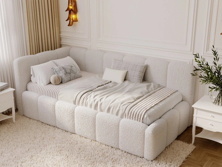 Jugendbett Einzelbett mit Bettkasten und Lattenrost 90x200 Cloud One Beige Bouclé-Stoff