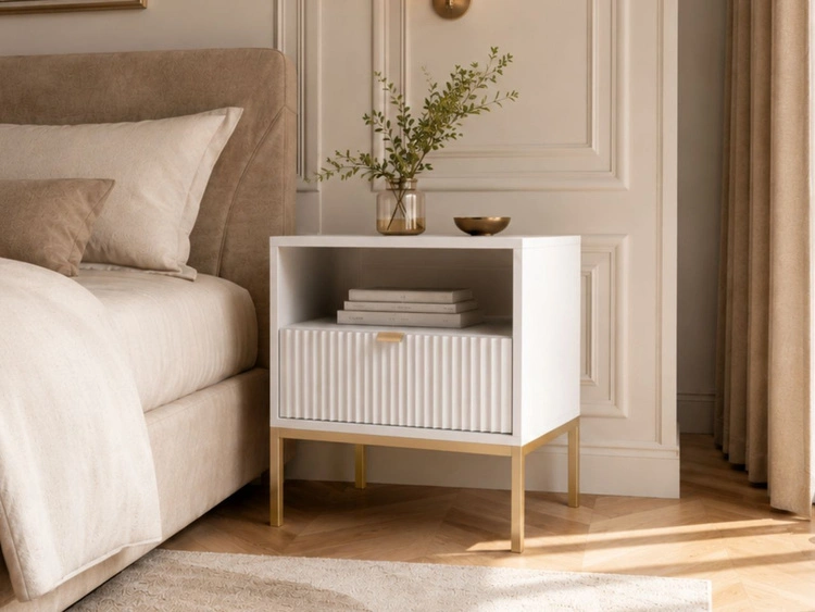 Nachtschrank mit Schublade Amber Weiß, Gold Frame