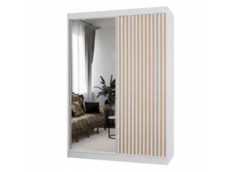 Schiebetürenschrank mit Spiegel und Lamellen 150 cm Loreto Weiß