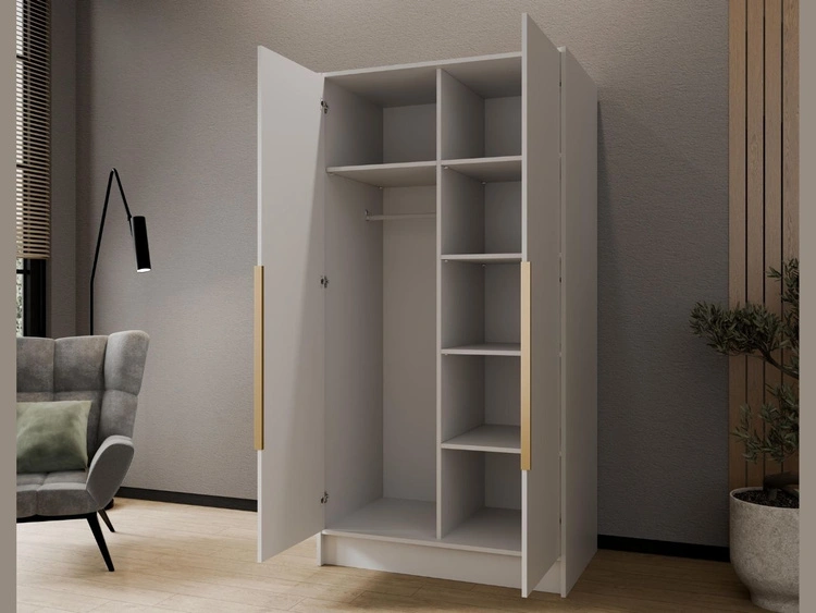 Kleiderschrank mit Spiegel 100 cm Lucca Weiß mit goldenen Griffen