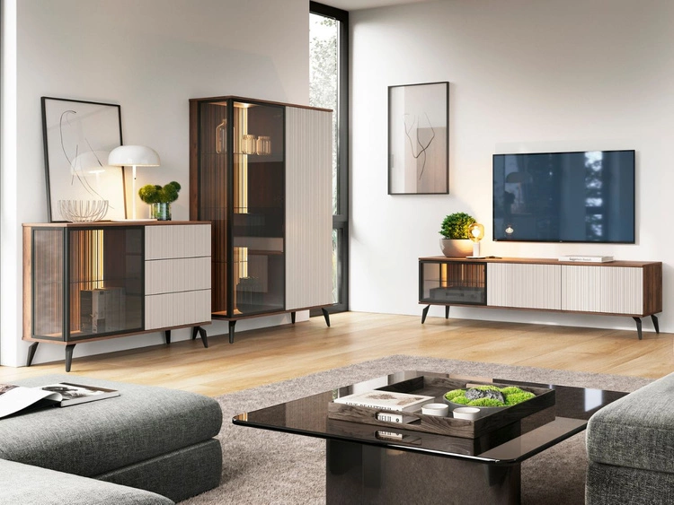TV-Lowboard mit Türen und LED Vinni Dunkler Walnuss Cashmere