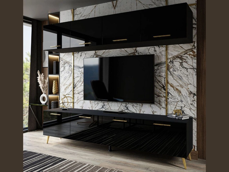 Wohnwand für das Wohnzimmer auf Goldenen Metallbeinen Noaé Schwarz Hochglanz