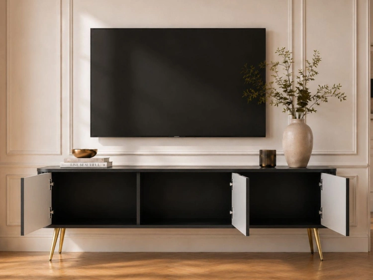 TV-Lowboard mit Türen Viva Schwarz auf Goldenen Beinen