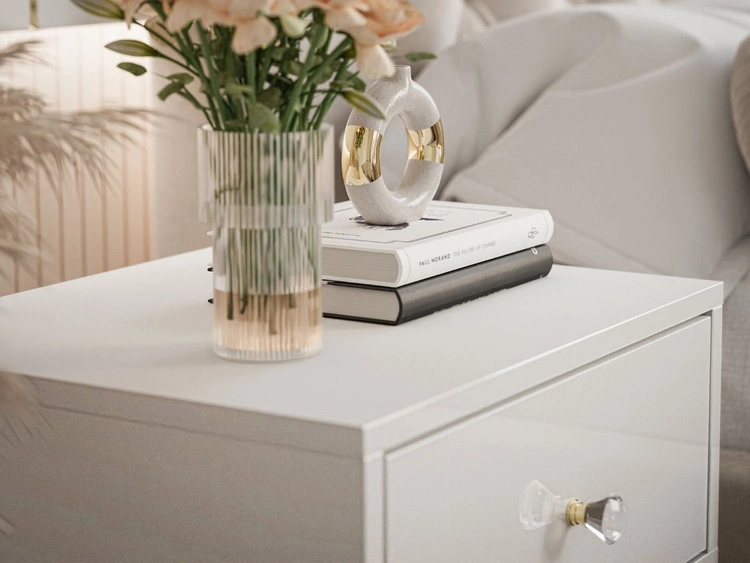 Nachttisch Glamour mit Schublade und goldenem Gestell Brisa Weiß Hochglanz