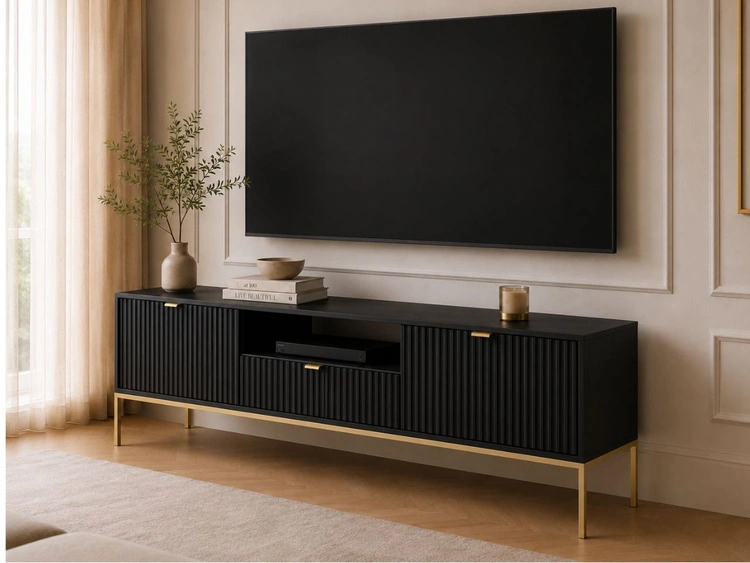 TV-Lowboard mit Schublade und Türen Amber Schwarz, Gold Frame