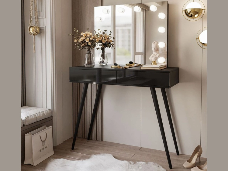 Schminktisch im Glamour-Stil mit Schubladen, Schwarzen Beinen und LED-Beleuchtung Olivine Elite Schwarz Hochglanz