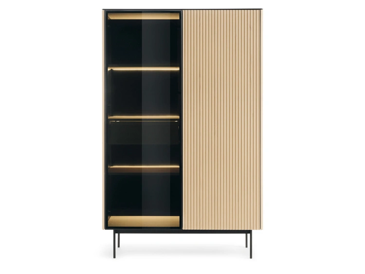 Standvitrine mit einer Glastür, LED-Beleuchtung und Schublade für das Wohnzimmer Auroé Eiche Vicenza