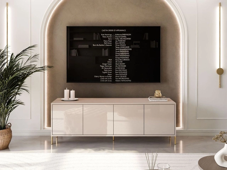 TV-Lowboard im Glamour-Stil mit Türen auf geraden goldenen Füßen Vivance, Kaschmir Hochglanz