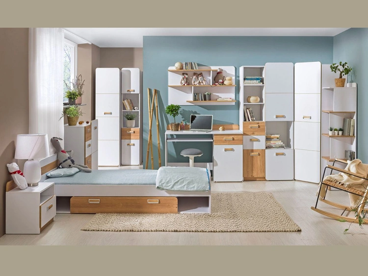 Nachttisch mit Schublade für ein Teenagerzimmer Lindo Weiß, Nash Eiche