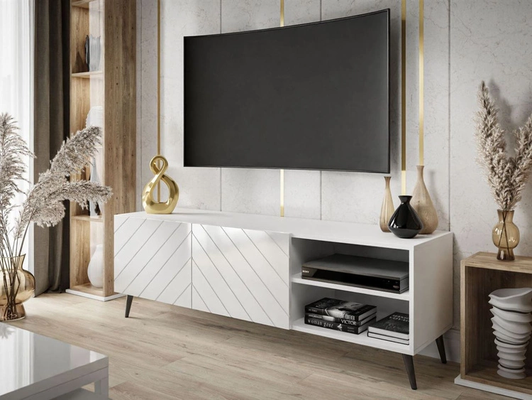 TV-Schrank mit gefrästen Fronten und schwarzen Metallbeinen Vionel Weiß glänzend