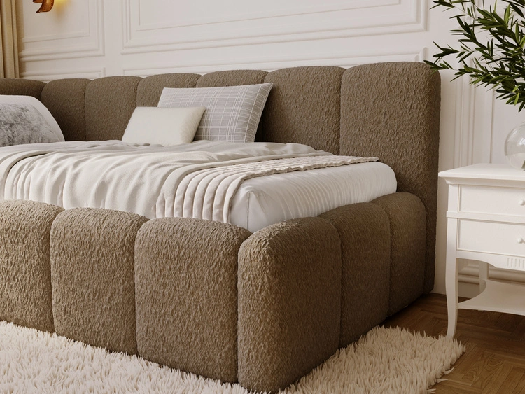 Jugendbett Einzelbett mit Bettkasten und Lattenrost 90x200 Cloud One Braun Bouclé-Stoff