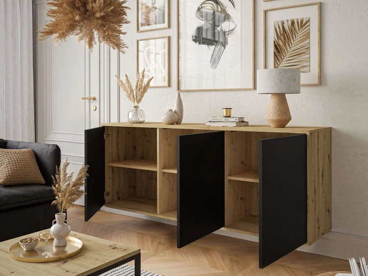 Dreitürige Kommode 154 cm im Loft-Stil mit schwarzen Beinen – Vivance, Schwarz matt & Eiche Artisan