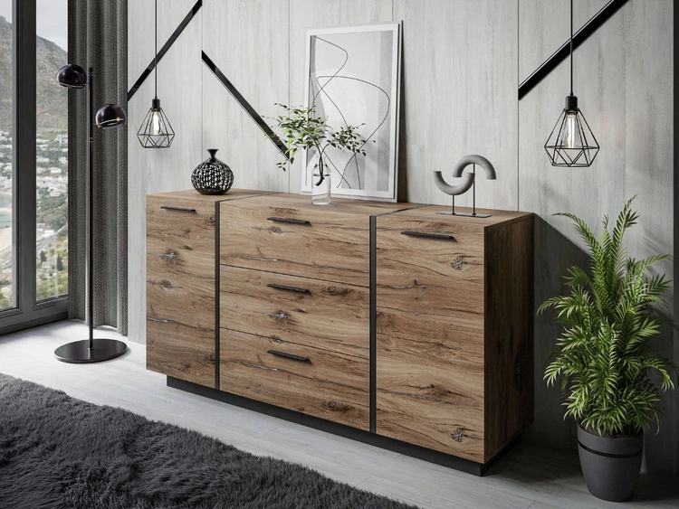 Zweitürige Kommode 158 cm mit drei Schubladen Lunelie Flagstaff-Eiche