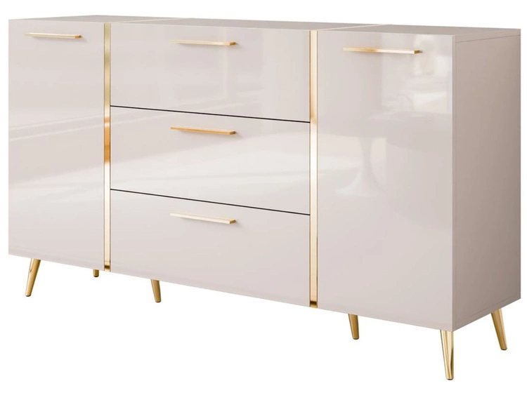 Zweitürige Kommode 158 cm mit drei Schubladen und goldenen Griffen Lunelie Kaschmirglanz