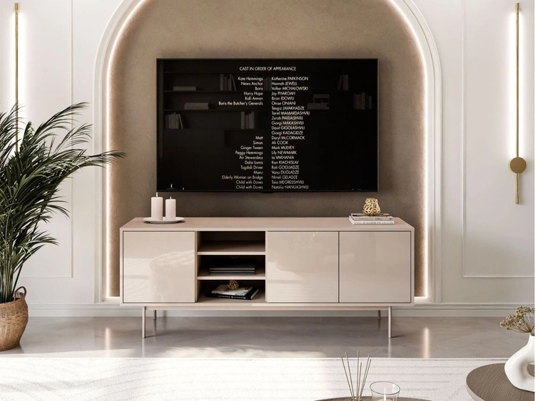 TV-Lowboard im Glamour-Stil mit Türen auf kaschmirfarbenen Füßen Vivance, Kaschmir Hochglanz