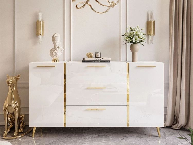 Wohnzimmer-Set mit goldenen Metallbeinen und goldenen Griffen Lunelie Weiß Hochglanz