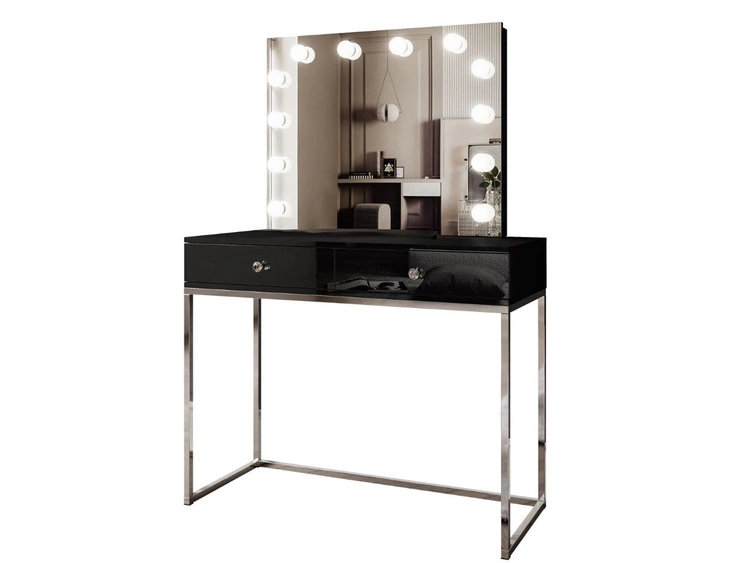Schminktisch Glamour mit Schubladen, Spiegel und LED-Beleuchtung Brisa Schwarz Hochglanz