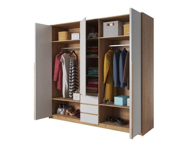 Fünftüriger Kleiderschrank mit Drehtüren Baffi Eiche Craft Gold, Weiß
