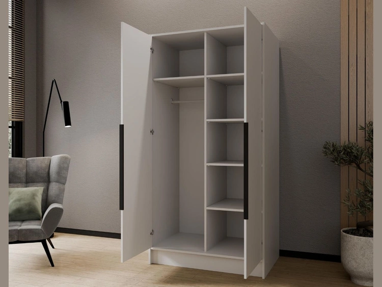 Kleiderschrank 100 cm Perugia Weiß mit schwarzen Griffen