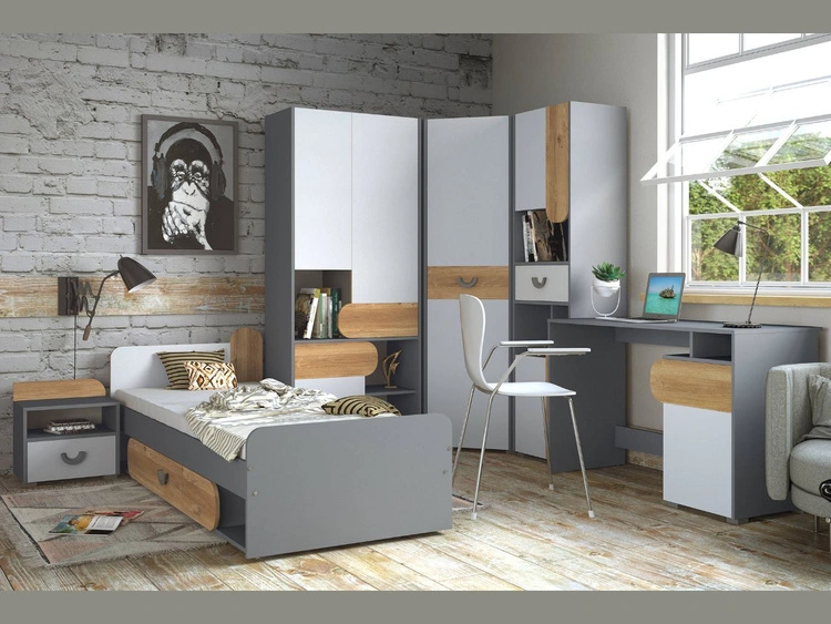 Nachttisch mit Schublade für ein Jugendzimmer Casa Nash Eiche, Weiß, Grau