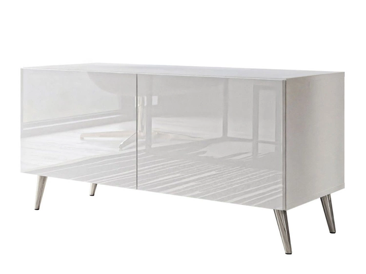 TV-Lowboard mit Türen und LED-Beleuchtung auf Silbernen Metallbeinen 100 cm Noaé Weiß Hochglanz
