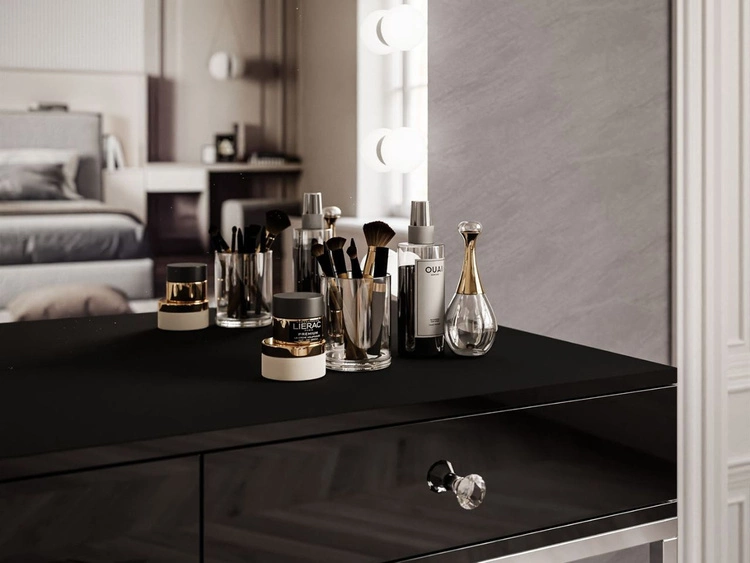Schminktisch Glamour mit Schubladen, Spiegel und LED-Beleuchtung Brisa Schwarz Hochglanz