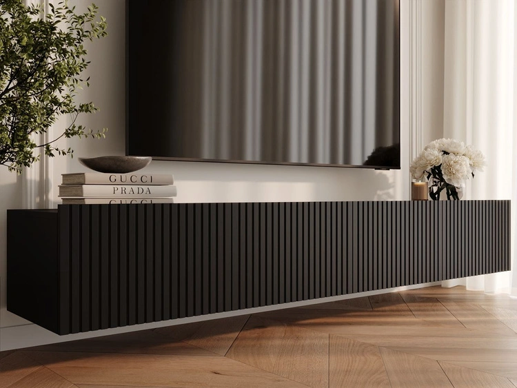 TV-Lowboard mit Türen 200 cm Kioto Schwarz matt
