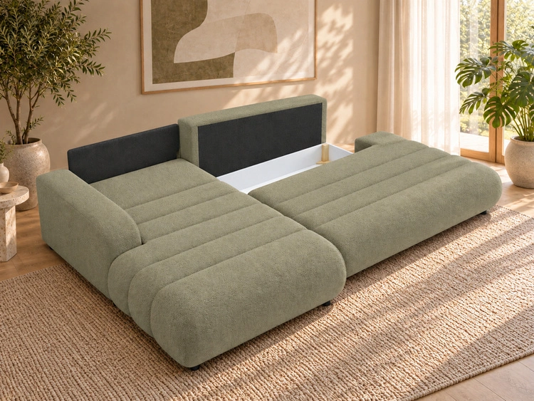 Ecksofa L-Form mit Schlaffunktion und Bettkasten Lisso Links Grün
