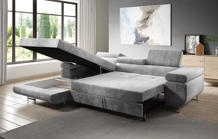 Ecksofa L-Form Links mit Schlaffunktion und Bettkasten Solam Hellgrau