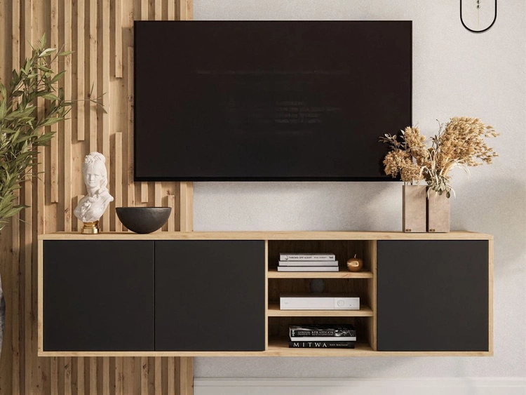 Hängendes TV-Lowboard mit Türen Vivance Schwarz und Eiche Artisan