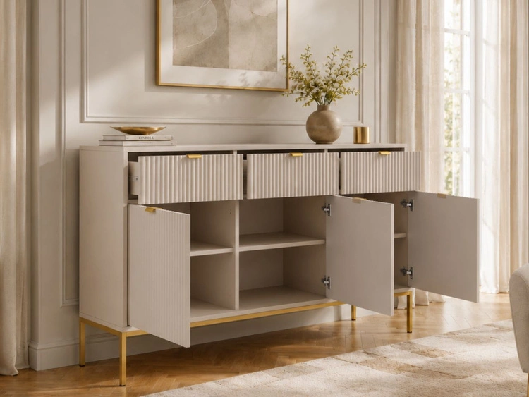Kommode mit Türen und Schubladen Amber Kaschmir auf goldenen Beinen