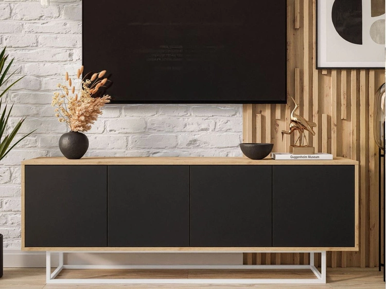 TV-Lowboard mit Türen auf weißem Gestell Vivance Schwarz und Artisan Eiche