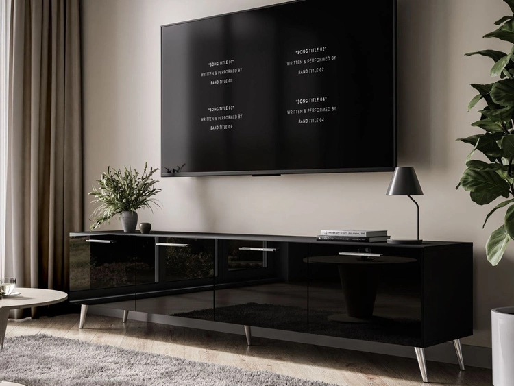 TV-Lowboard mit Türen auf Silbernen Metallbeinen 200 cm Noaé Schwarz Hochglanz