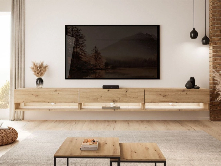Hänge TV-Schrank 270 cm für Wohnzimmer mit LED-Beleuchtung Aurelie Artisan Eiche