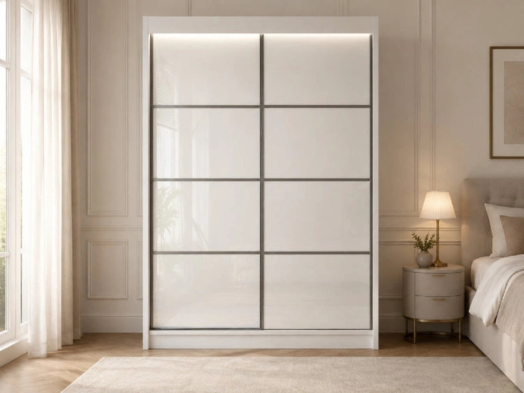 Schiebetürenschrank mit Sprossen 150 cm mit LED-Beleuchtung Ponti Weiß