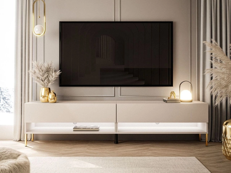 TV-Schrank für das Wohnzimmer 180 cm mit goldenen Metallbeinen und LED-Beleuchtung Aurelie Kaschmir matt