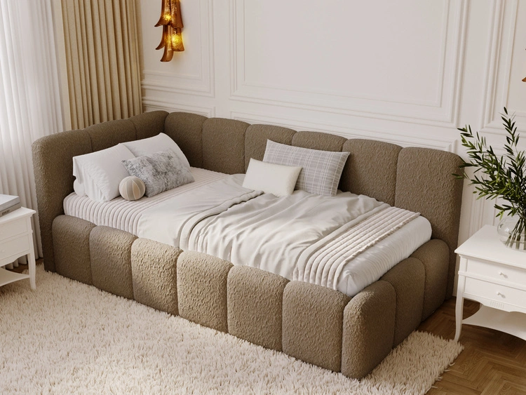 Jugendbett Einzelbett mit Bettkasten und Lattenrost 90x200 Cloud One Braun Bouclé-Stoff