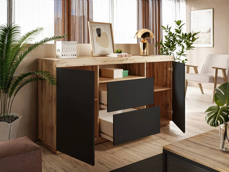 Wohnzimmer-Set im Loft-Stil Asumi Weiß und Eiche Wotan