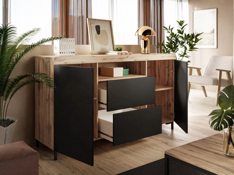 Wohnzimmer-Set im Loft-Stil Asumi Schwarz und Eiche Wotan