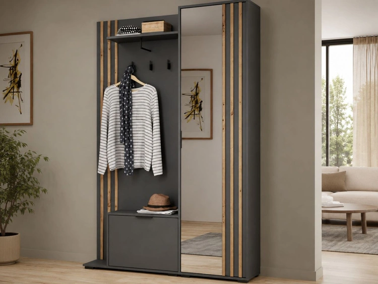 Garderobe mit Spiegel und Kleiderhaken Macron Graphit Artisan Eiche