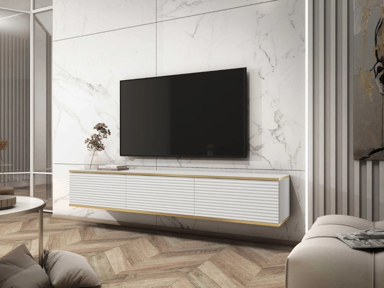 TV-Lowboard Hänge mit Türen 175 cm Diolo Weiß mit geriffelter Vorderseit