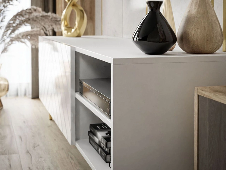TV-Schrank mit gefrästen Fronten und goldenen Metallbeinen Vionel Weiß glänzend