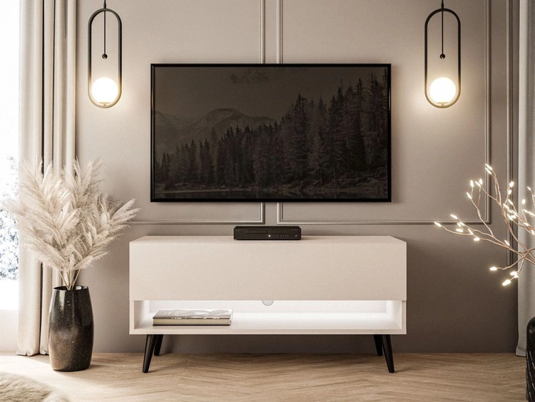 TV-Schrank 90 cm mit LED-Beleuchtung und schwarzen Beinen Aurelie Kaschmir matt