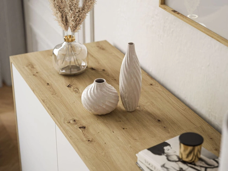 Dreitürige Kommode 154 cm im Loft-Stil mit weißen Beinen – Vivance, Weiß matt & Eiche Artisan