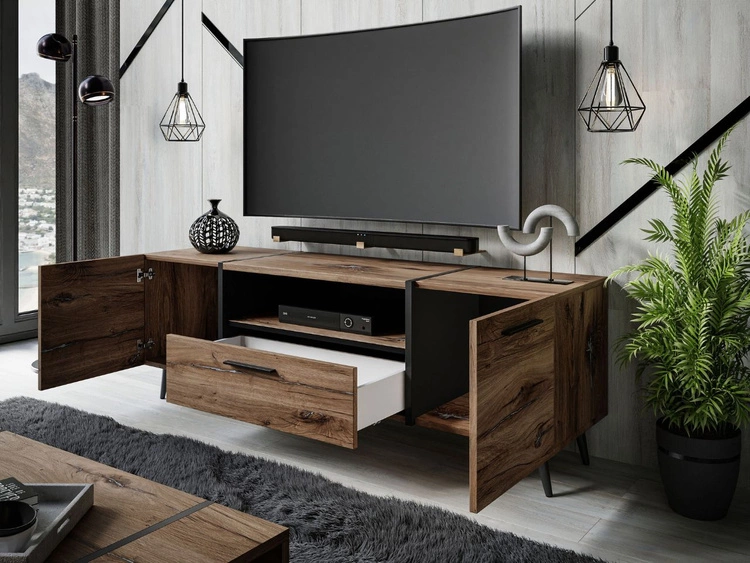 TV-Lowboard im Loft-Stil, zweitürig mit Schublade Lunelie Flagstaff-Eiche