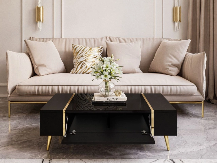 Wohnzimmer-Set im Glamour-Stil auf Beinen Lunelie Schwarz Hochglanz