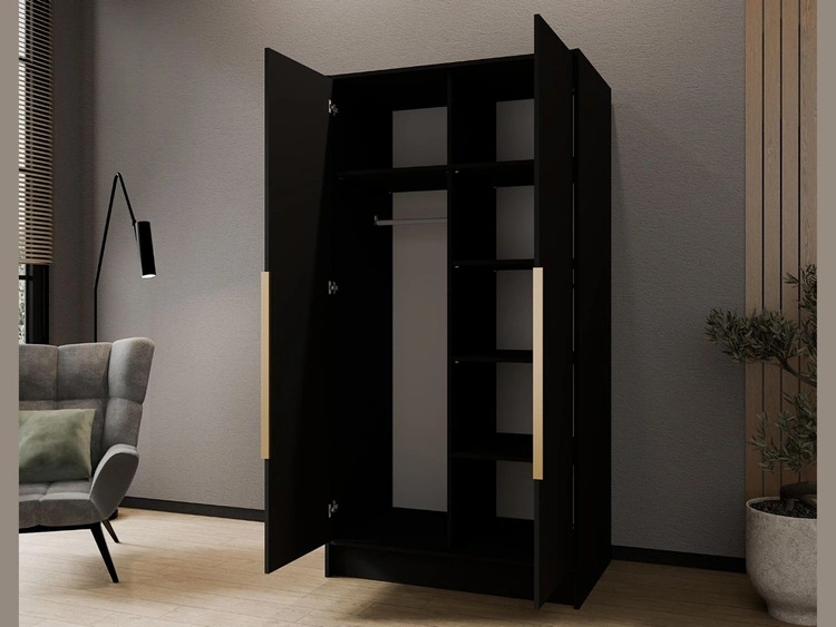 Kleiderschrank 100 cm Perugia Schwarz mit goldenen Griffen